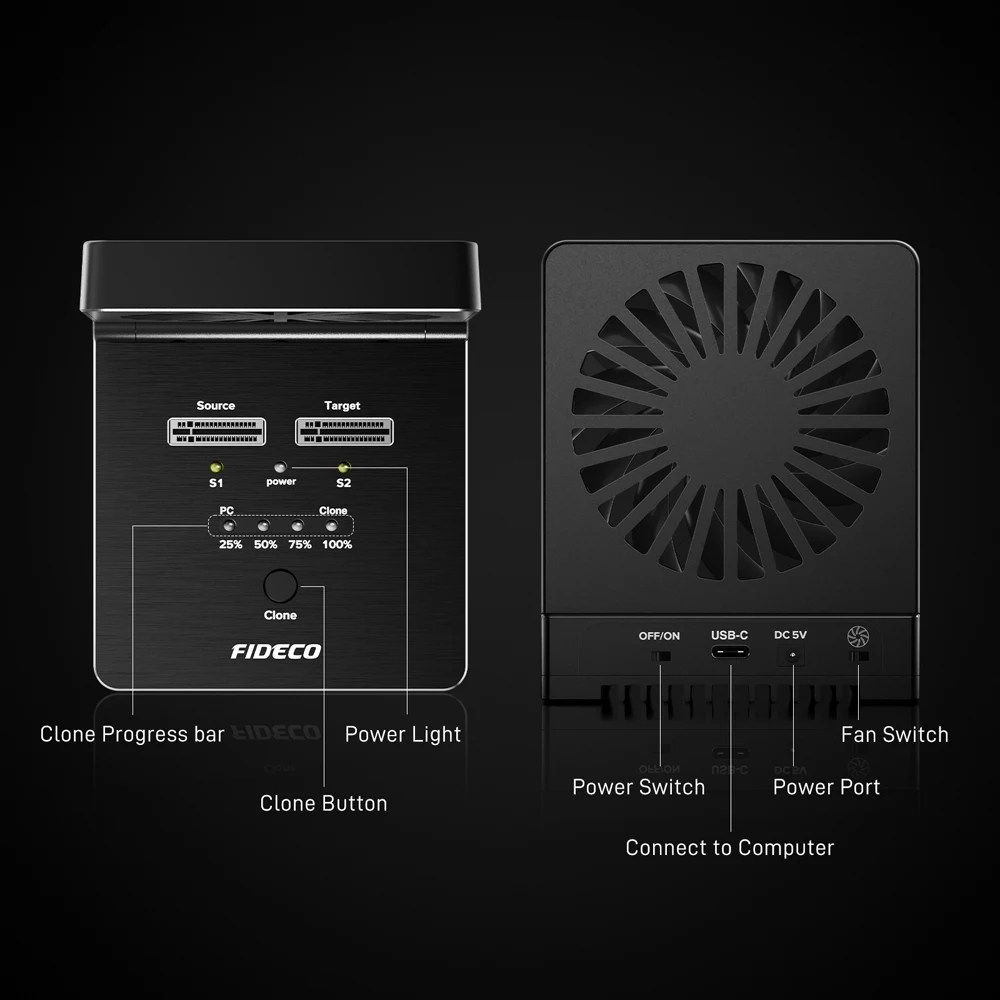 FIDECO M.2 NVMe SATA SSD Cloner Dock Dual-Bay 20Gbps SSD Enclosure with Foldable Cooling Fan Supports Offline Clone for M.2 Case view 4