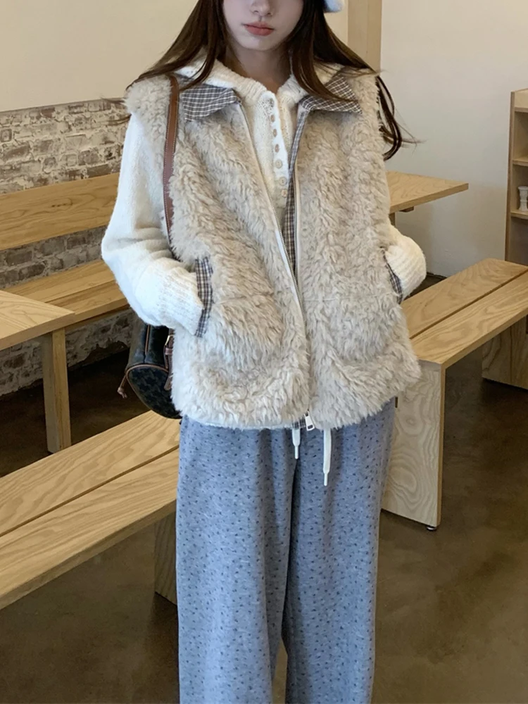 

Korean High-End Plaid Patchwork Lamb Velvet Warm Women's Autumn Winter Hat Knitted Sweater Two-Piece Set Hooded Sweatirt