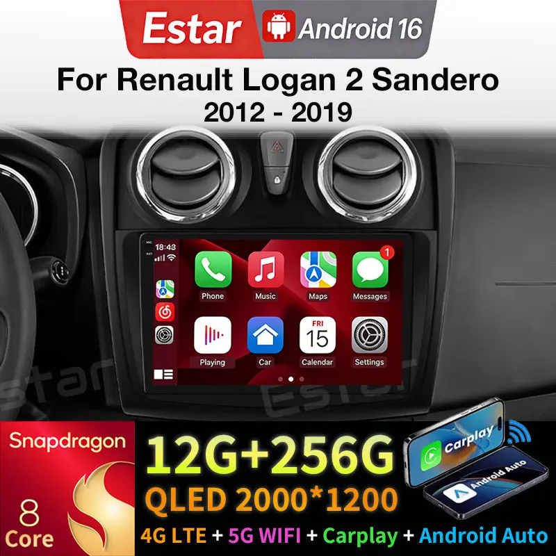 Android 16 Carplay para Renault Logan 2 Sandero 2012 - 2019 Reproductor Multimedia GPS Navegación Unidad Principal Auto Estéreo DSP Radio para Auto