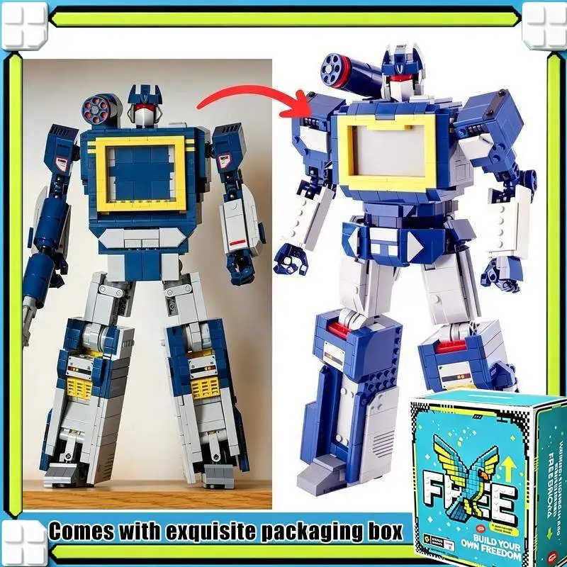 1354PCS Blue Robot Warrior Cassette Player Transformation Mech MOC Building Blocks Model Custom Puzzle DIY Display Birthday Gift
