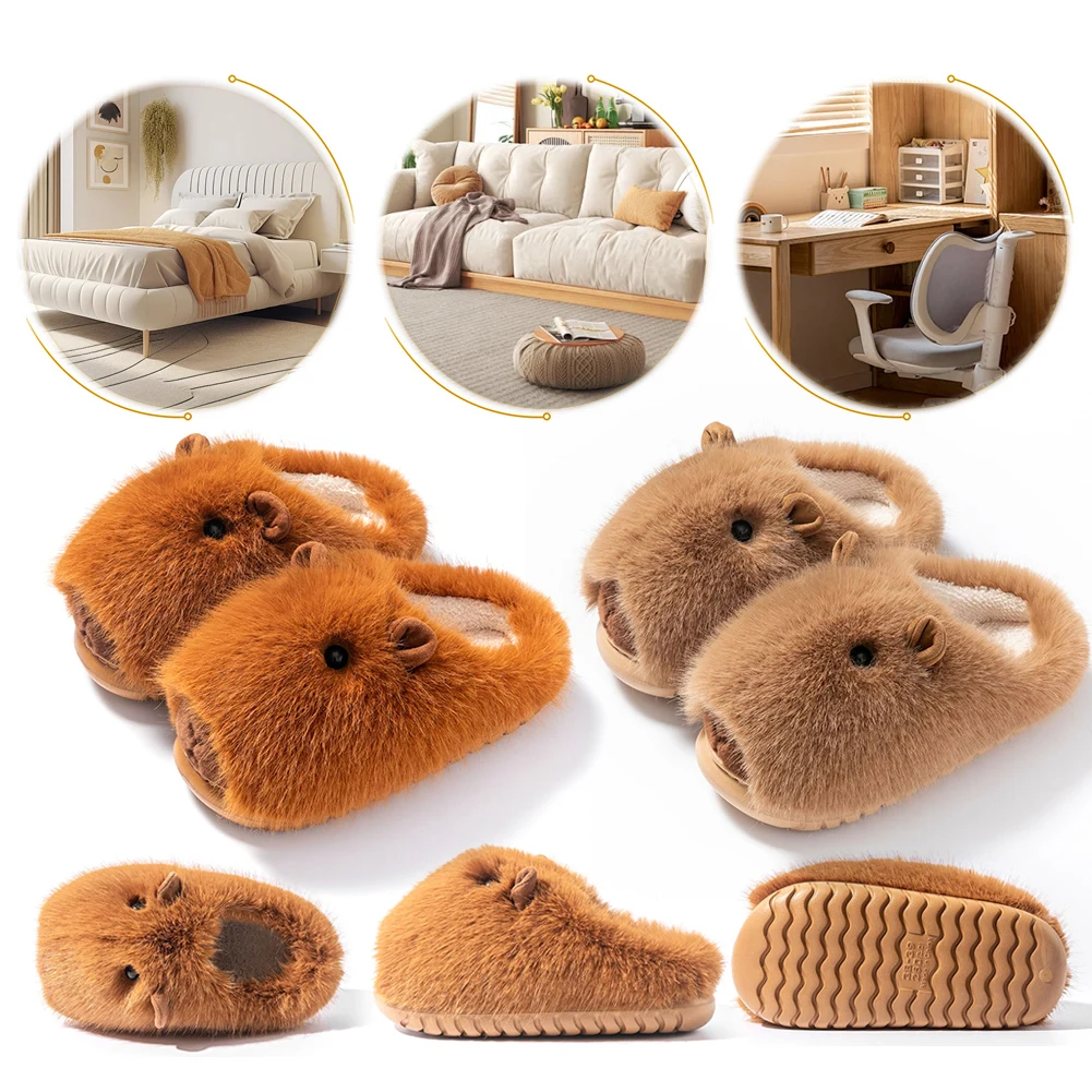 Plush Capybara Slippers Slip-on House Shoes Comfortable Thermal Home Slippers Non-Slip Fluffy Couple Slippers for Indoor Bedroom