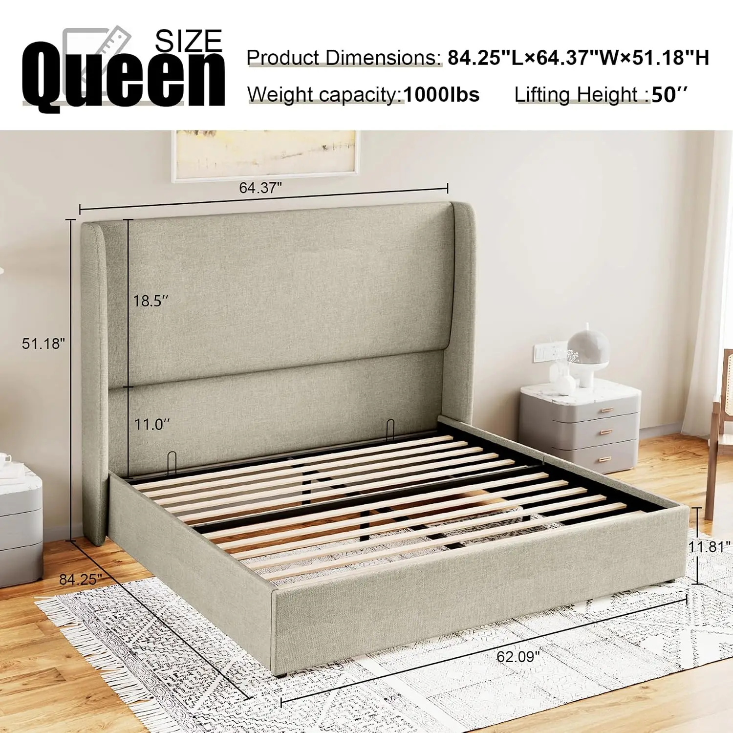 Storage Bed Frame Linen Wingback Headboard Khaki, Customized