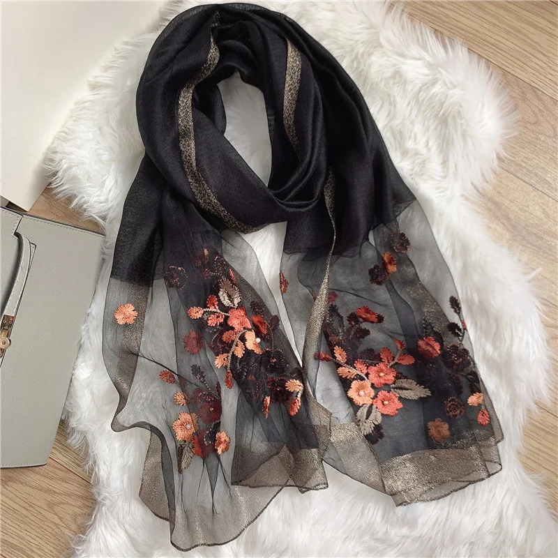 Autumn Winter Embroidered Scarf Silk Mulberry Silk Scarf Crabapple Striped Women Gorgeous Party Style Thin Gift Scarf Shawl