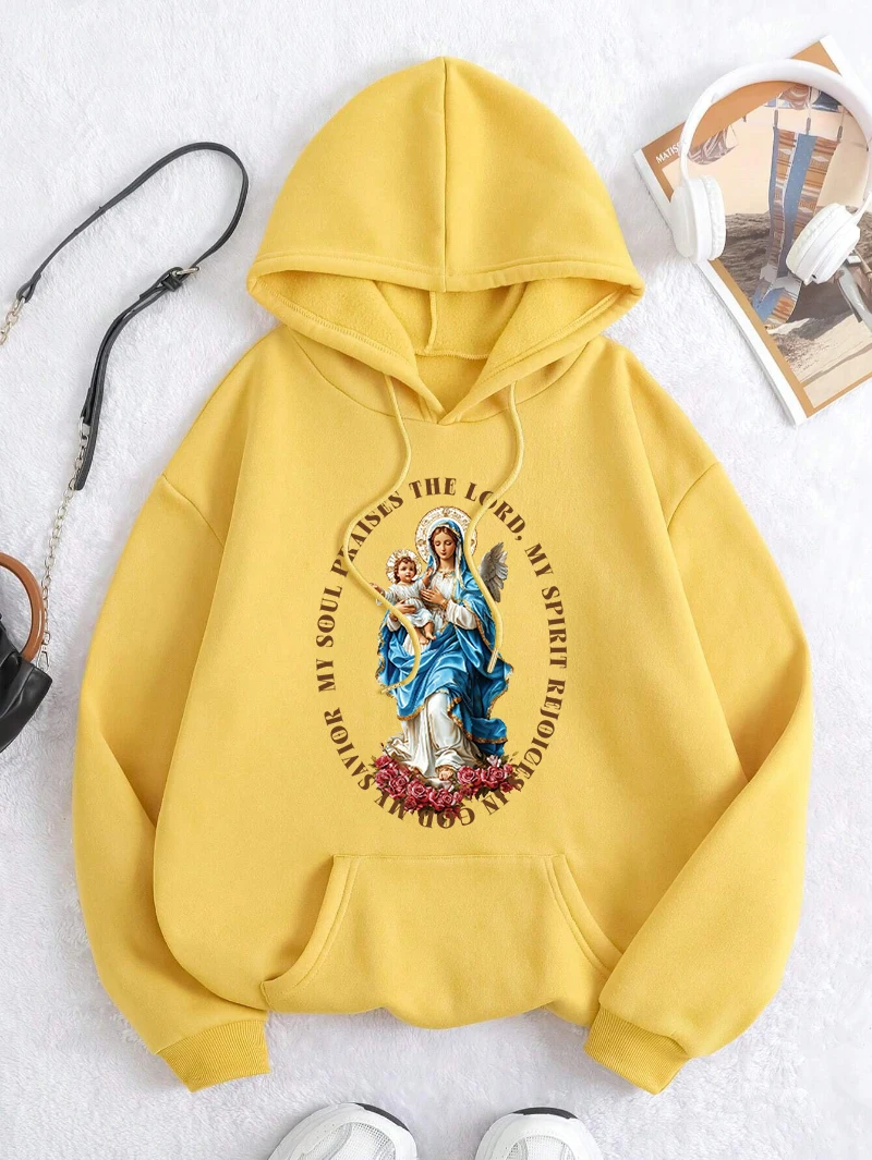 The Virgin Mary Hoodies Womens Religious Belief Printing Hooded Loose Fleece Warm Pocket Sweatshirt Sporty White Womans Clothing