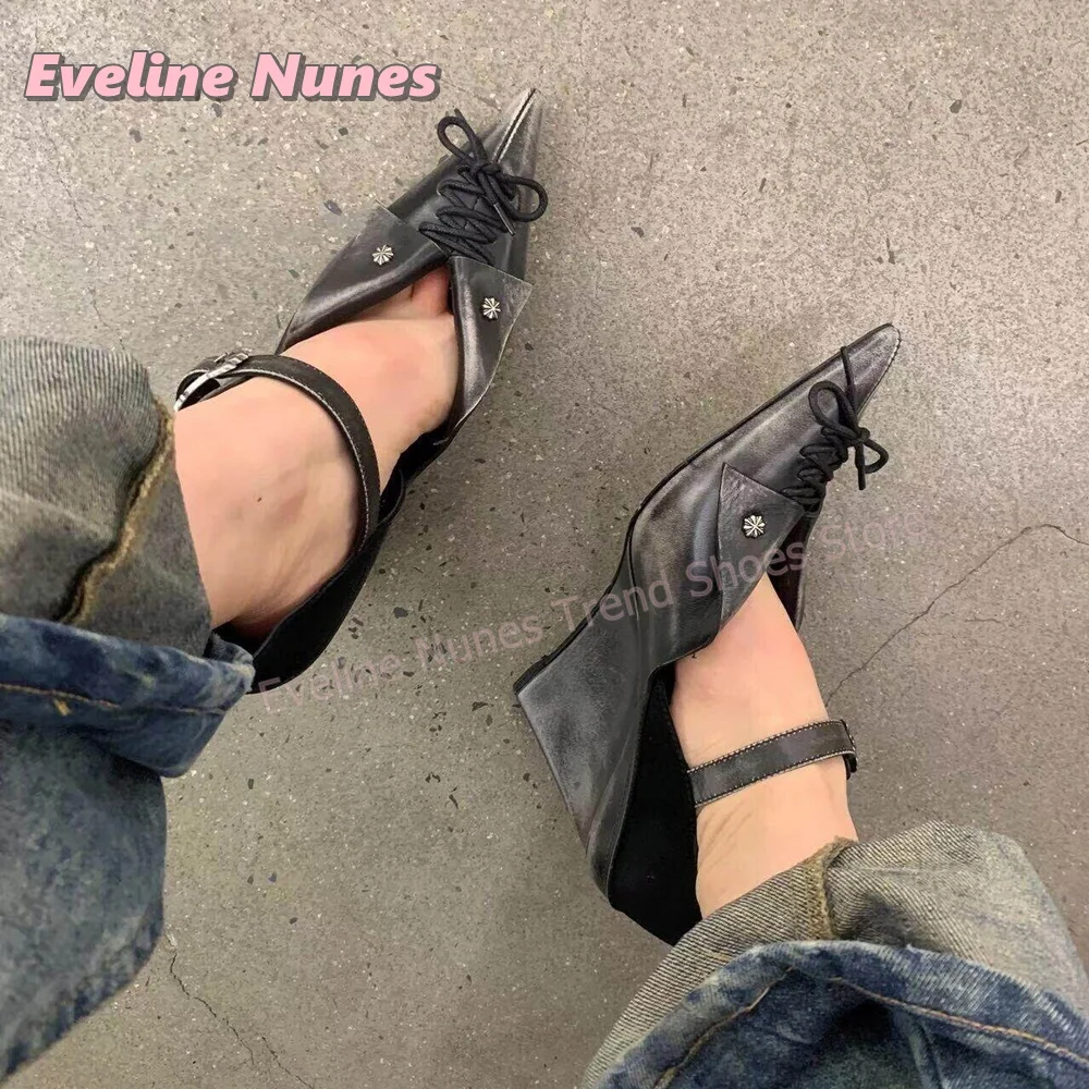 

Lady Red Pointed Toe Wedge Sandals Ankle Buckle Lace Up Studded Detail Gothic Punk Y2K Retro Nightclub Party Streetwear Fashion