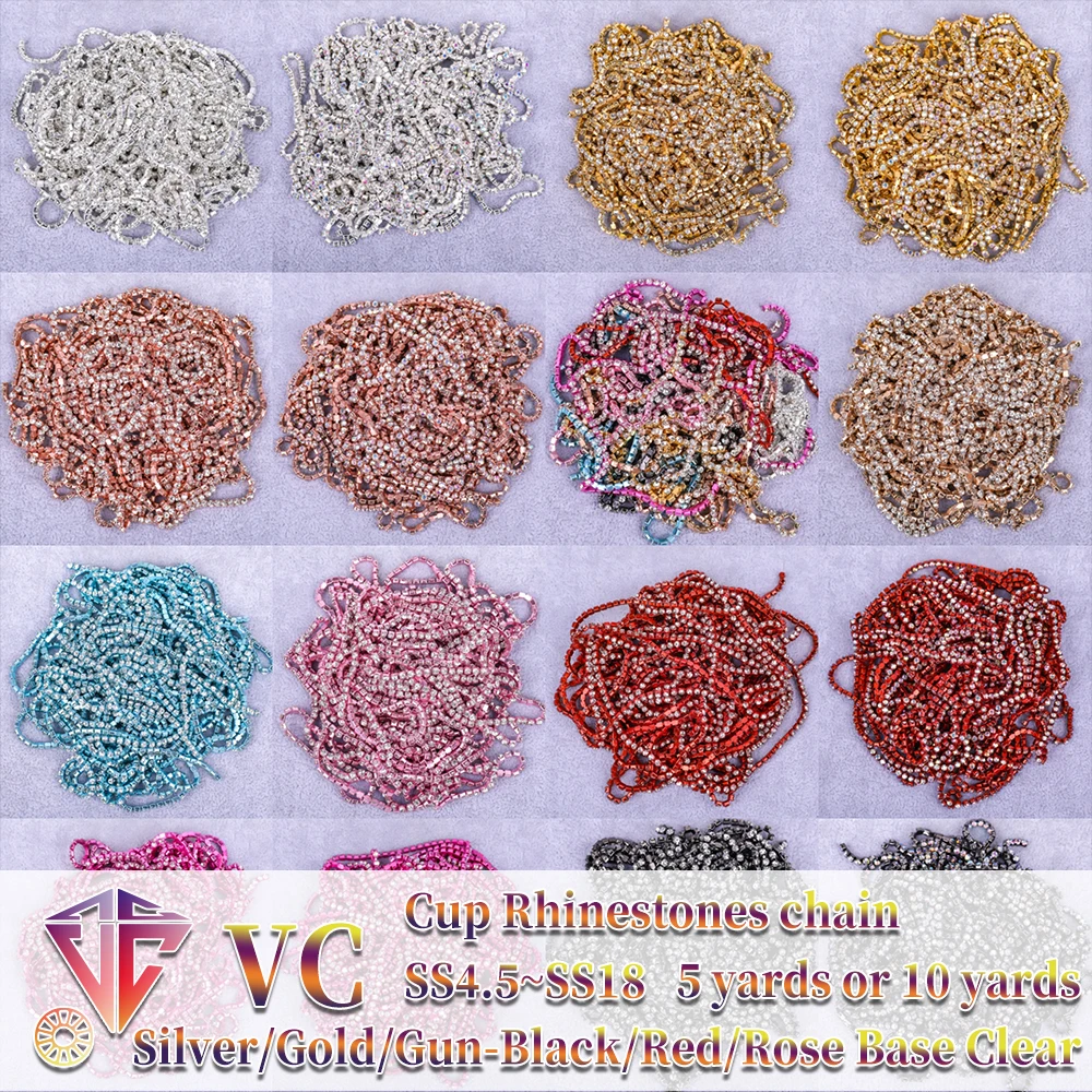 VC 1/5yard SS6-SS18(1.5mm-4.5mm)Silver/Gold Red Base Crystal rhinestonechain Sewing Glass rhinestone cup chain