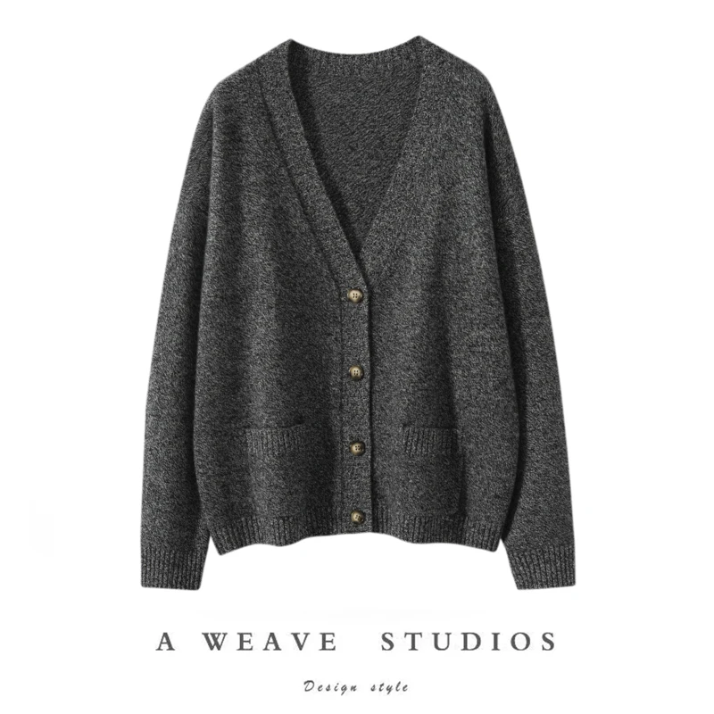 Early Fall New 100% Premium Cashmere V‑Neck Drop‑Shoulder Dual Front Patch Pockets Cardigan Oversized Comfort Minimalist Sweater