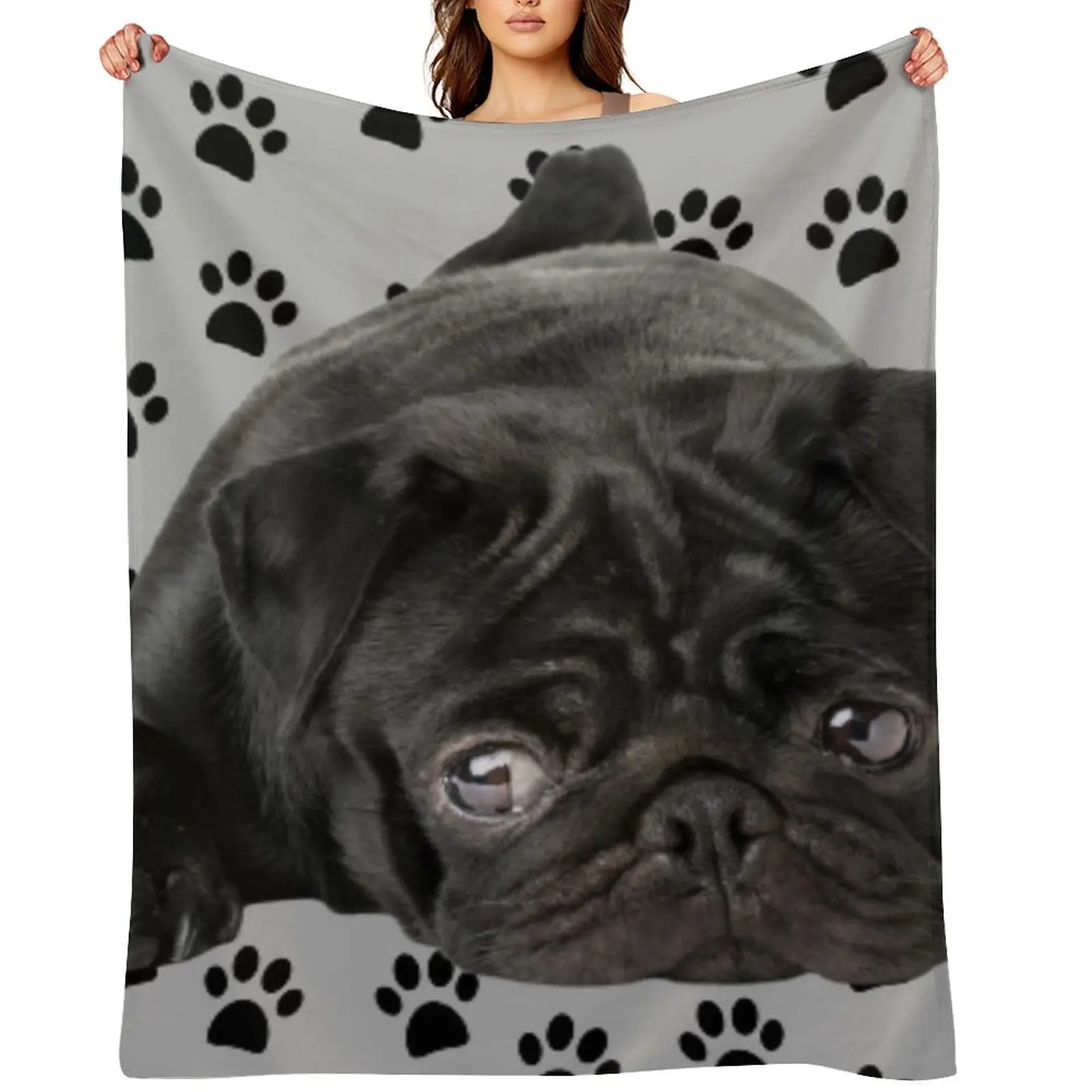 

Adorable Black Pug Throw Blanket Luxury Thicken Flannel Fabric anime Soft Plush Plaid Blankets