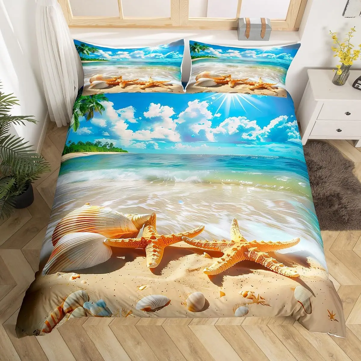 Starfish Seashell Conch Duvet Cover Hawaiian Beach Bedding Set Twin Queen Coastal Nautical Comforter Cover for Boys Girls Teens