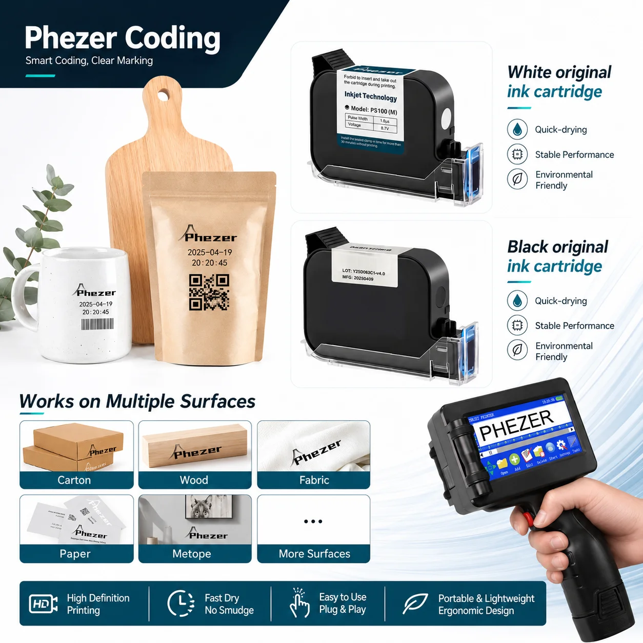 

Phezer P17 Handheld Inkjet Printer 12.7mm Portable Coding Machine White and Black Ink Date Number Expiry Date Logo Barcode Batch