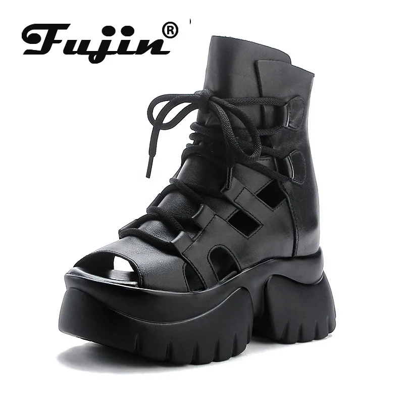 

Fujin 8.5cm Cow Genuine Leather Women Ankle Boots Breathable Wedge Heel Sandals Peep Toe Platform Hollow Ladies Summer Shoes