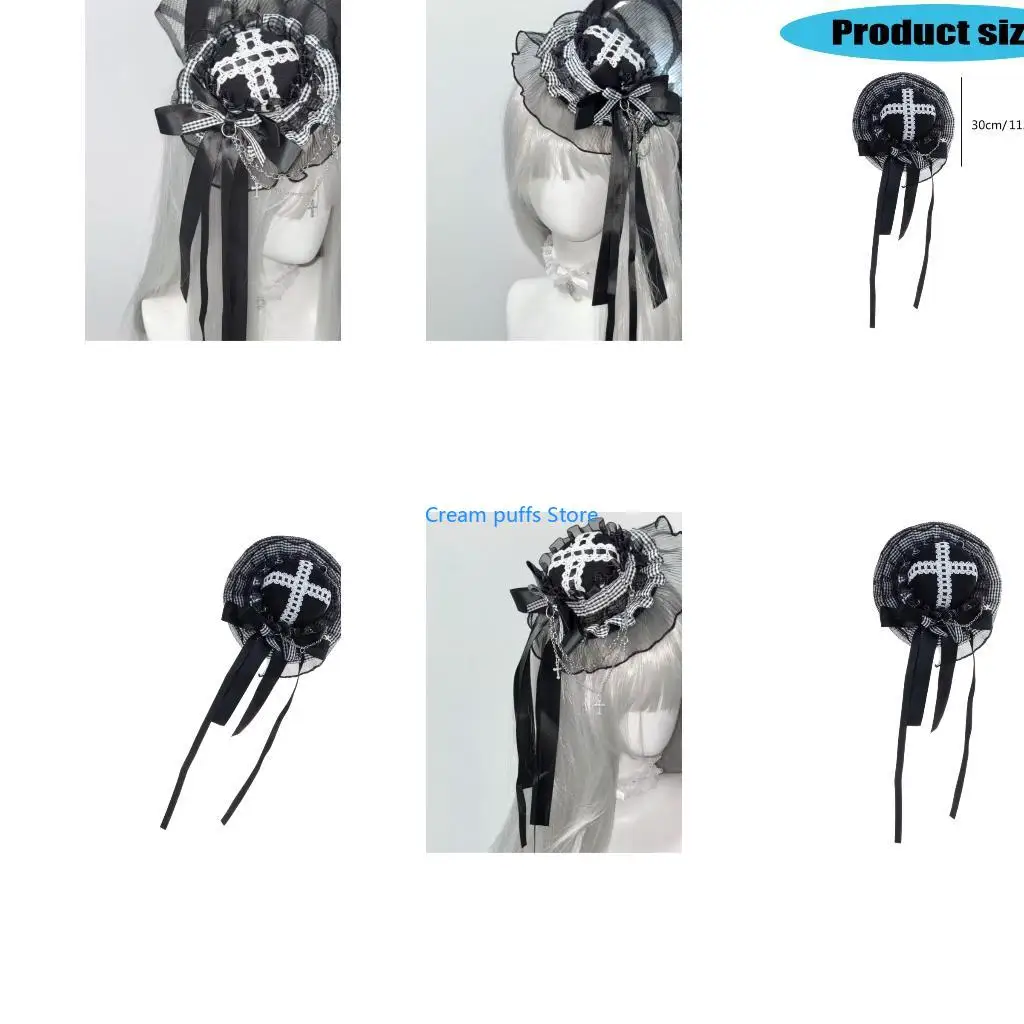 50LE Fashionable Gothic Anime Hat Hairpin Designed With Checkerboard Print And Elegant Chain for Women Girls