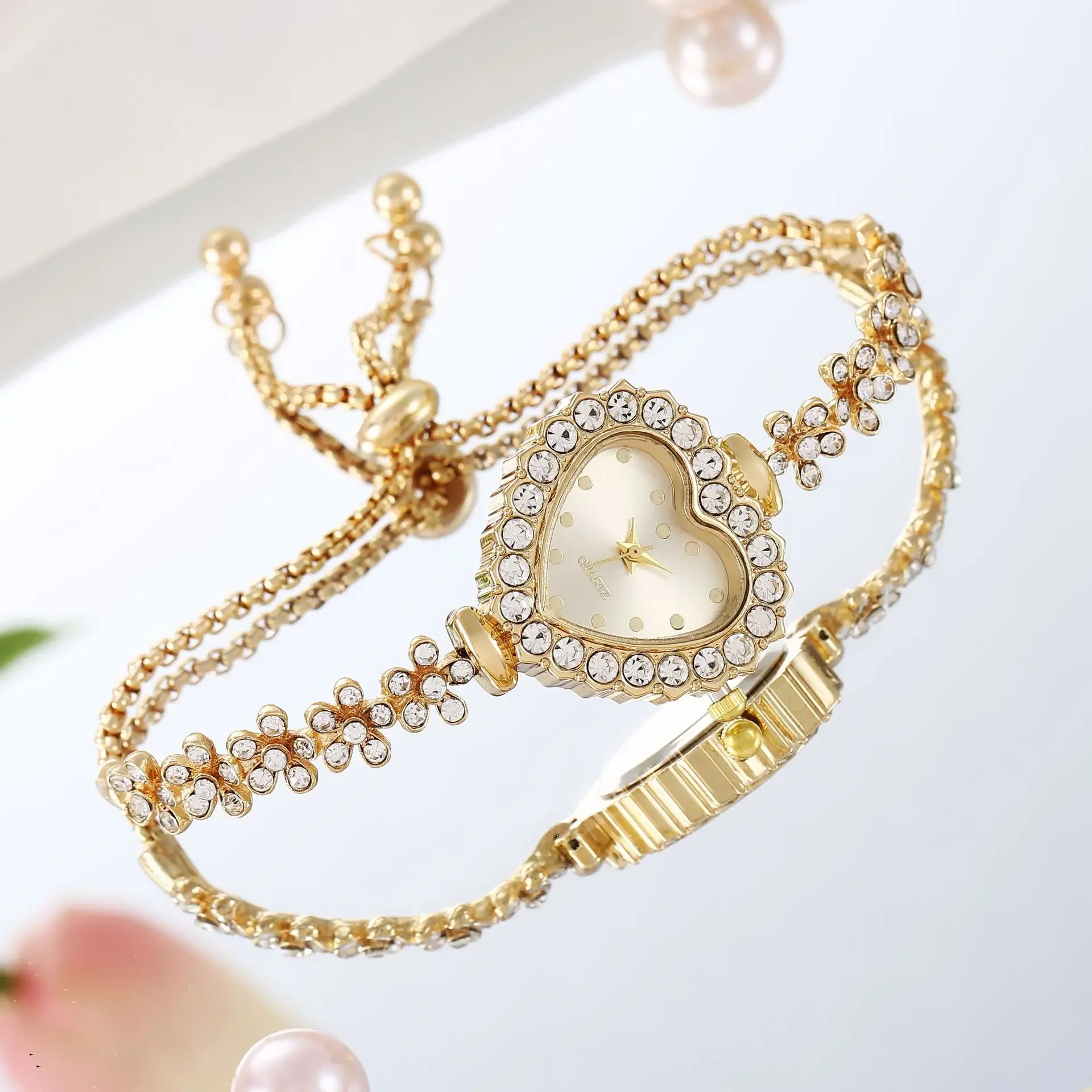 New fashionable floral bracelet with diamond inlaid heart colored dial for women's atmospheric and versatile self adjusting stra