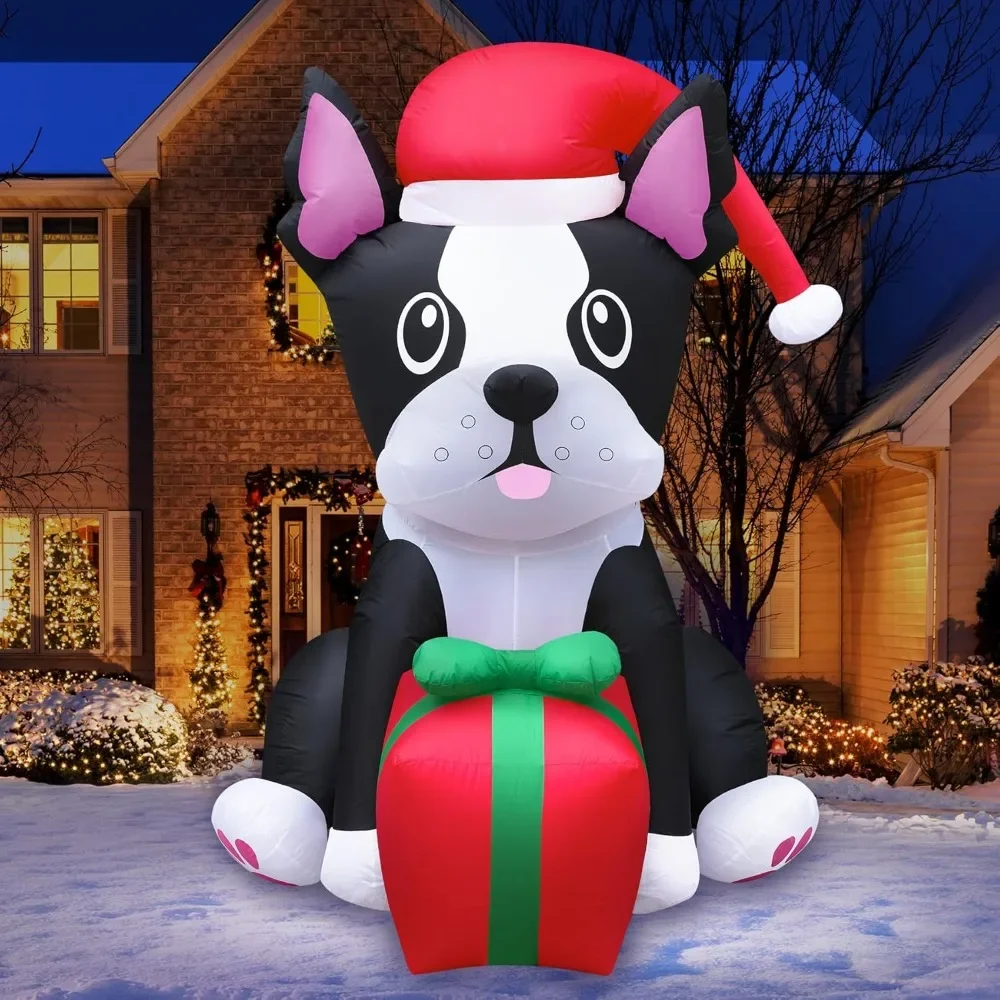 

Christmas Inflatables Large 5ft Tall Boston Terrier Dog with Gift - Inflatable Outdoor Christmas Decorations Blow Up X-mas