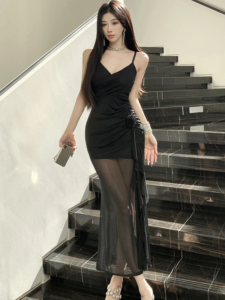 

2025 Black Mesh Chic Ruffled Sheer Sexy Long Dress Women Pleated Bodycon Sling Dress Summer Korean Vintage Luxury Evening Dress