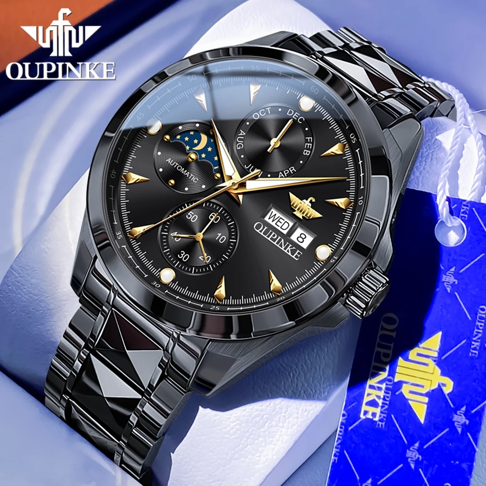 OUPINKE 3299 New Men's Mechanical Watch Tungsten steel Original Automatic Wristwatch Waterproof Moon phase Man Watches