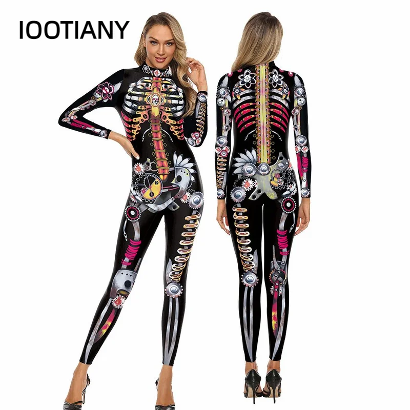 

Cosplay Punk Style Steam Skeleton Pattern Print Sexy Women Jumpsuit Cosplay Costumes Skinny Fashion Party Bodysuit monos mujer