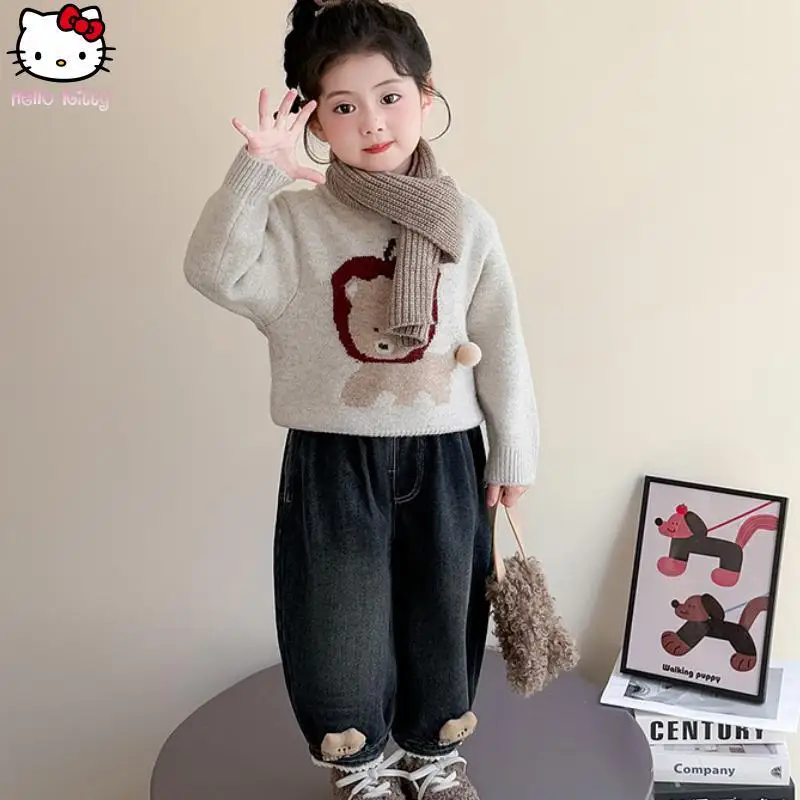 

Kids Anime Cat Thickened Jeans Kawaii Autumn Winter Warm Bud Pants Cartoon New Girls Straight Pants Fashionable Wide Leg Pants