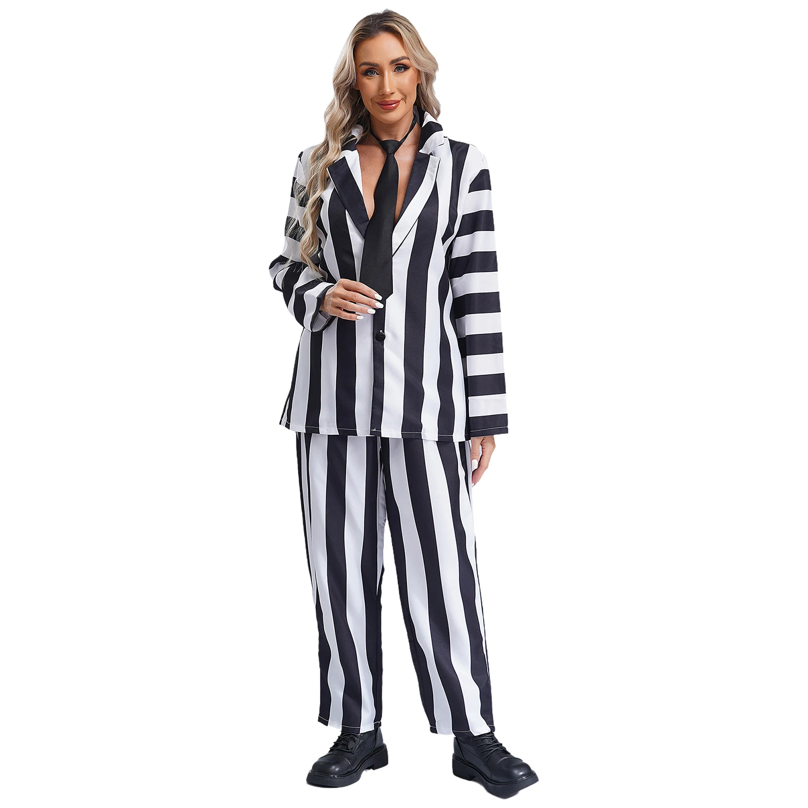 Womens Adult Spooky Movie Infernal Master Cosplay Costumes Long Sleeve Striped Blazer Necktie And Long Pants Horror 3-piece Suit