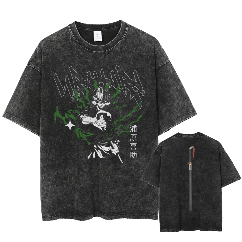 Hot Anime BLEACH Urahara Kisuke Graphic Print T Shirt Men Women Tshirts Vintage Manga Tee Harajuku Male Washed Cotton T-shirt