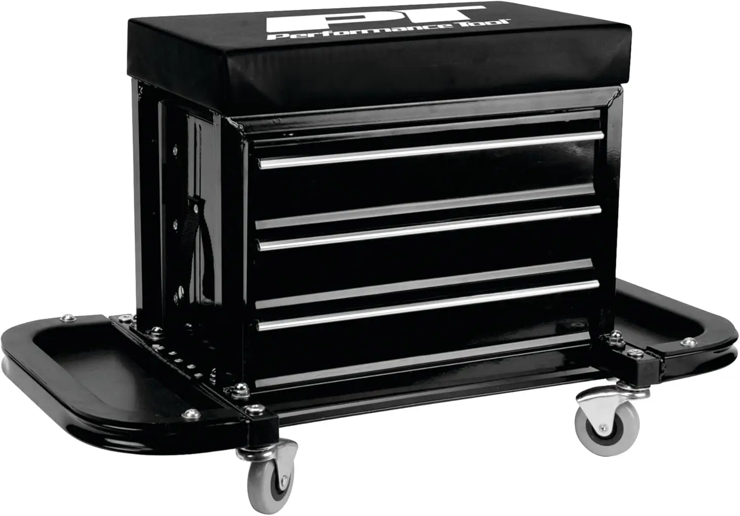 Tool W85025 3-Drawer Rolling Tool Chest Seat With Magnetic Side Trays, Black