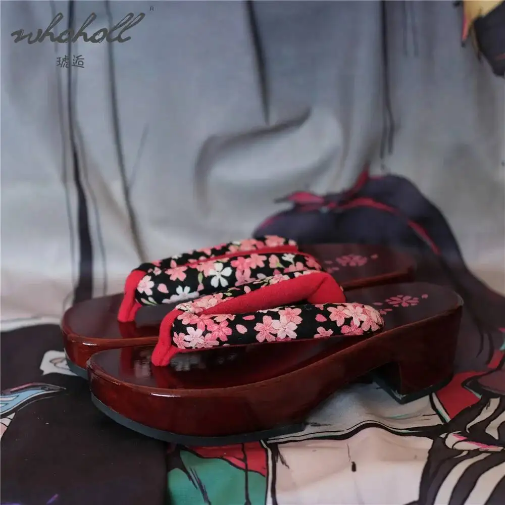 WHOHOLL 여성용 일본식 나무 게타 슬리퍼 여름용 플립플롭 사쿠라 프린트 코스프레 여성 신발