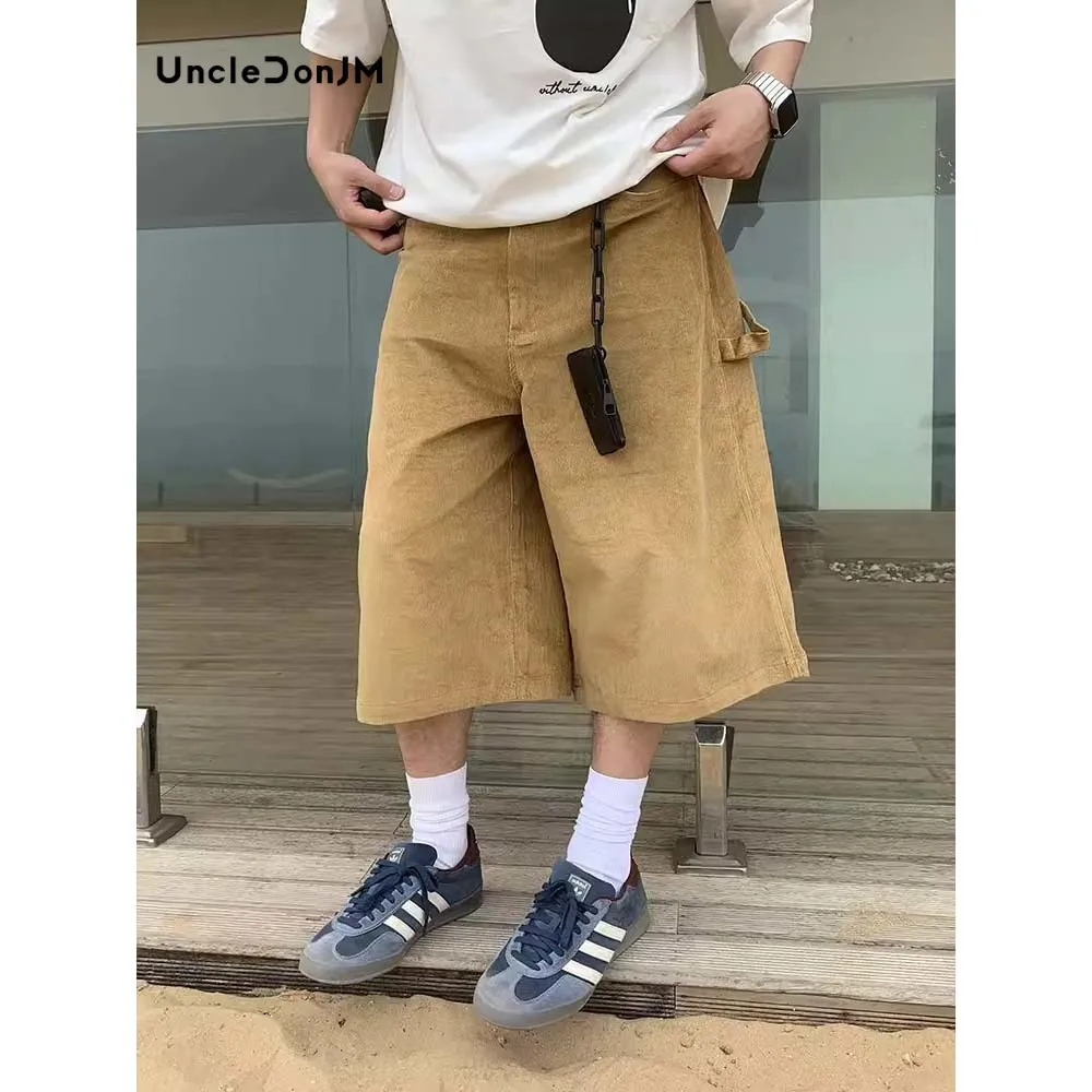 Retro Straight Wide-leg Loose Corduroy Shorts for Men 2024 Summer Street Wear Cropped Pants