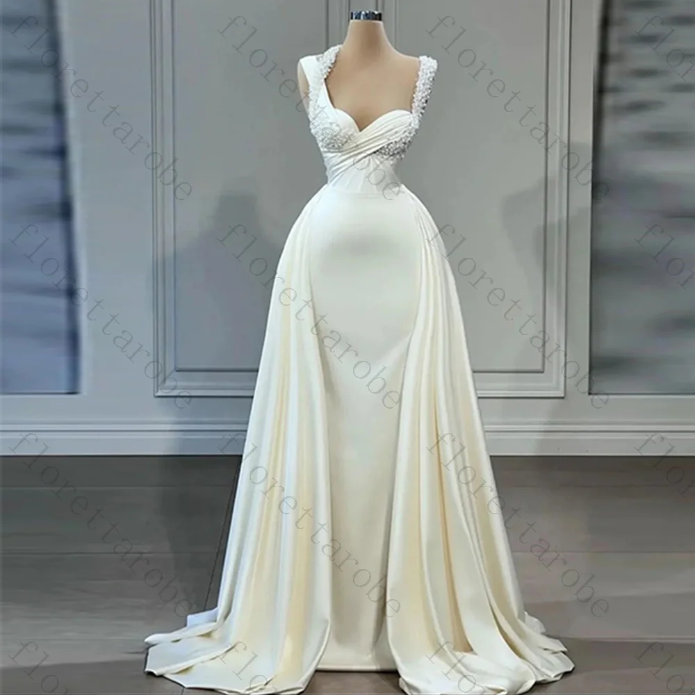 Customized Elegant Spaghetti Strap Sweetheart Open Back Sweep Train A-line Wedding Dresses Layered Draped Satin Bridal Gowns