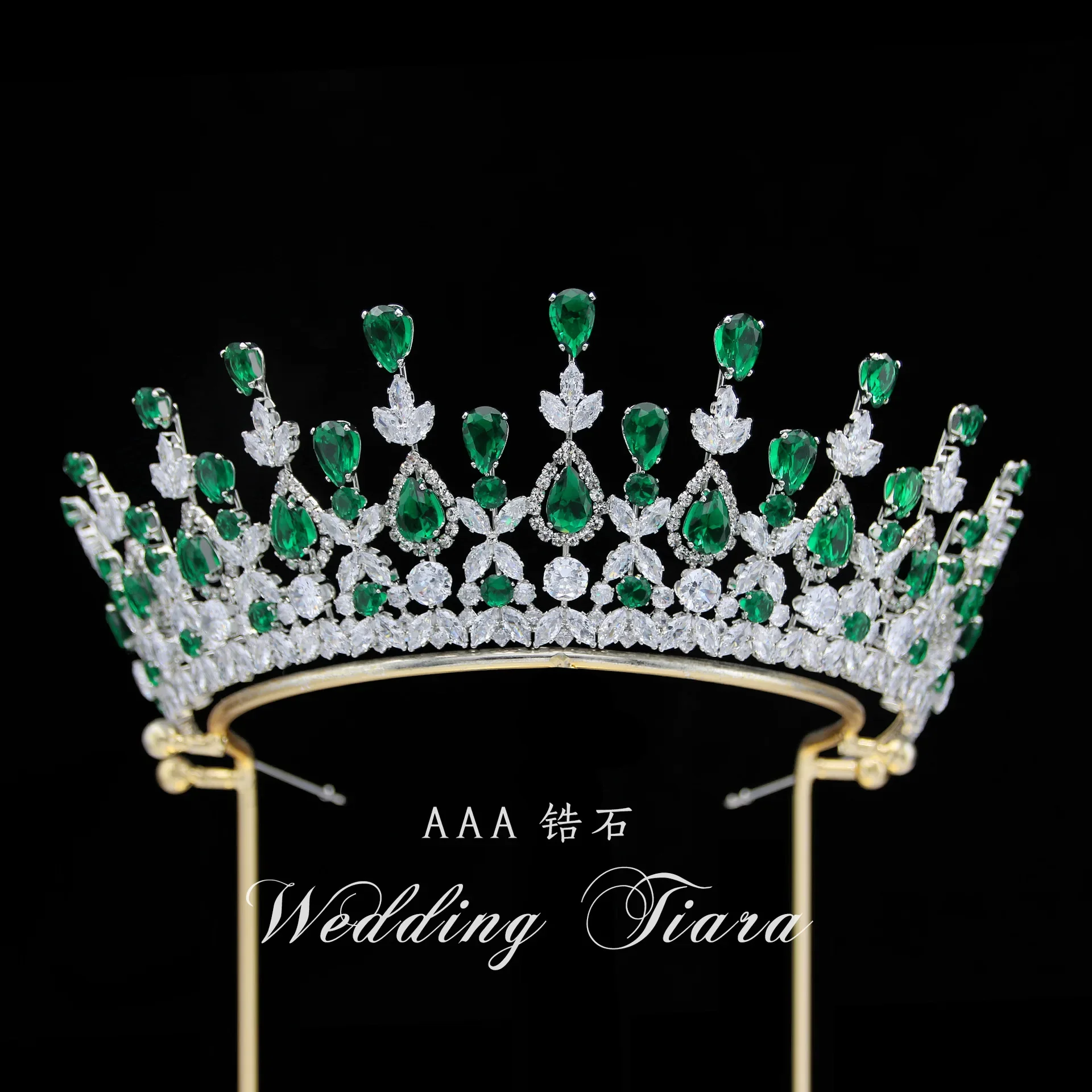 CZ Green Bride Crown Headwear Copper Electroplating with Drilling Royal Crown Wedding Hair Accessories