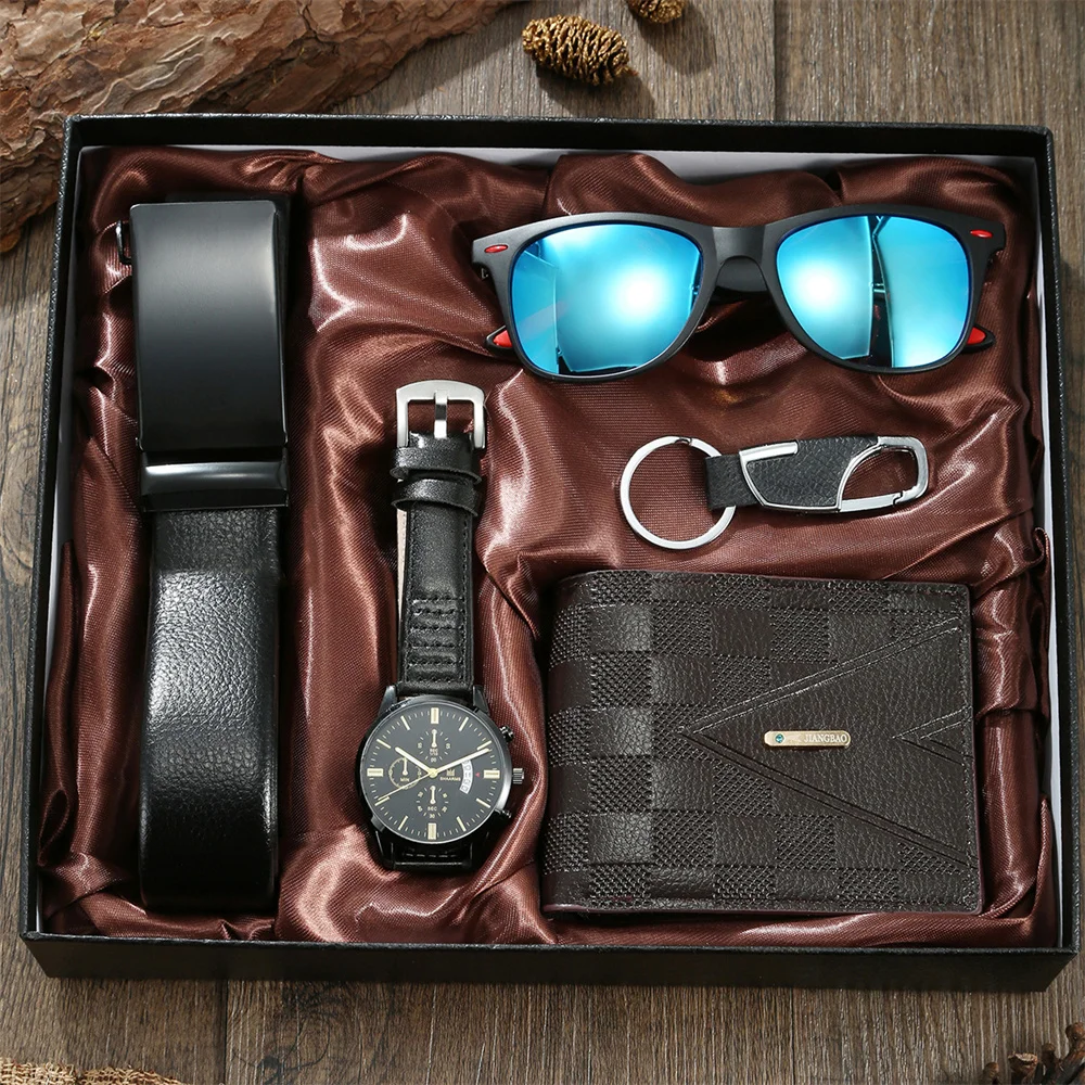 2024 New Mens Quartz Watch Belt and Wallet Gift Set with Keychain Sunglasses Men Gift Box Set for Boyfriend Dad Husband Birthday