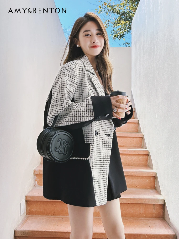 

Spring and Autumn New Commuting Style High-end Feel Women's Loose Casual White and Black Plaid Patchwork Blazer