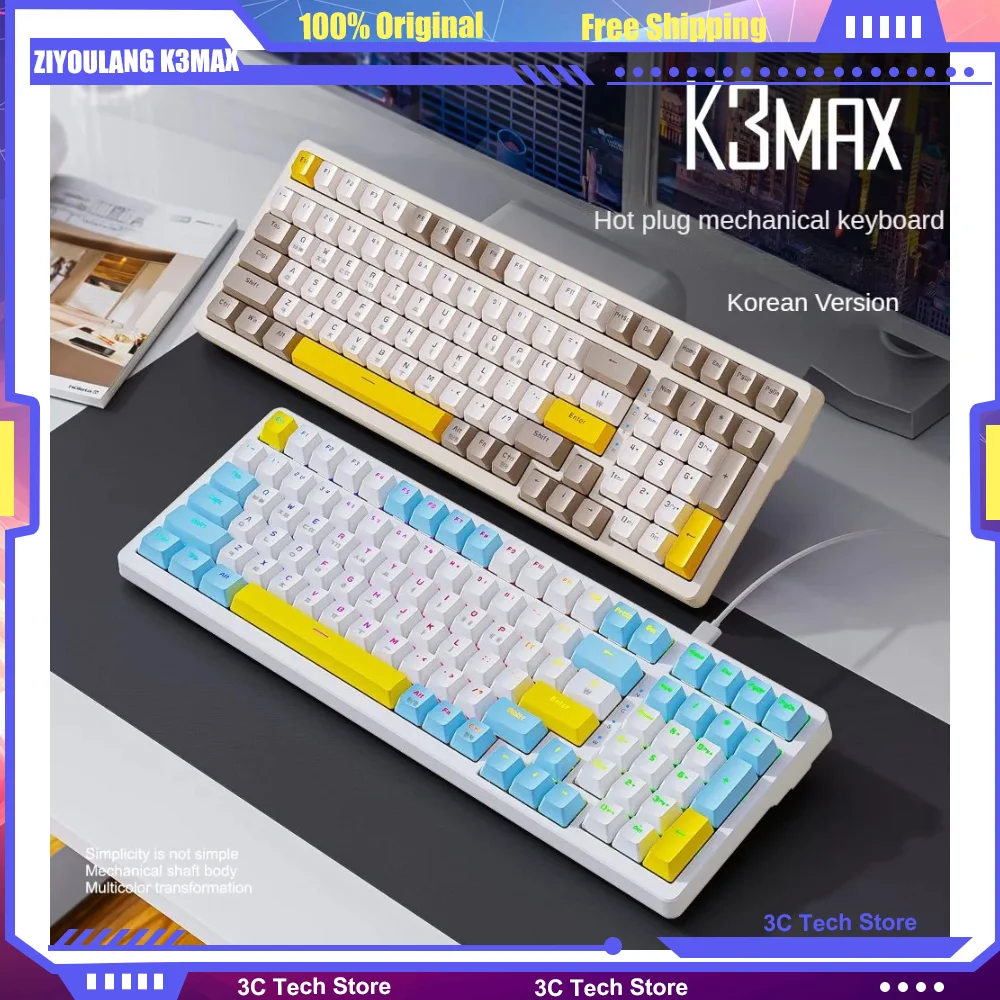 

ZIYOULANG K3MAX Korean Wired Mechanical Keyboard Gaming Gasket Structure Customized 100 Keys RGB Office Ergonomic Hot Swap DIY