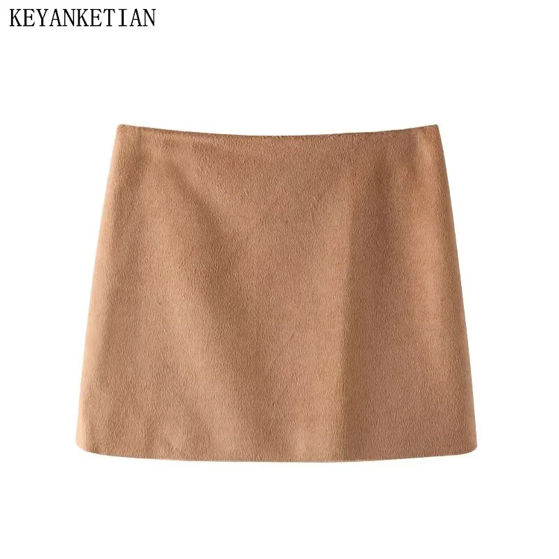 

KEYANKETIAN 2024 New Launch Women's Khaki Suede Skirt Simply Vintage Side Zipper High waist Spring Slim A-Line Mini Skirt Female