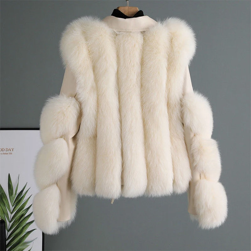 2023 Pu Leather Faux Fur Motorcycle Jackets Women Fashionable Warm Short Fox Fur Jacket Autumn Winter Ladies Luxury Short Coat