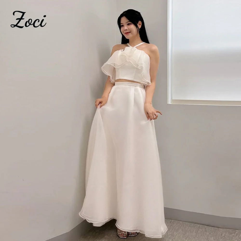 

Zoci Halter 2 Pcs Korea Wedding Dresses Photoshoot Tiered Ruched Long Corset Bride Formal Party Wedding Bridal Gown Customized