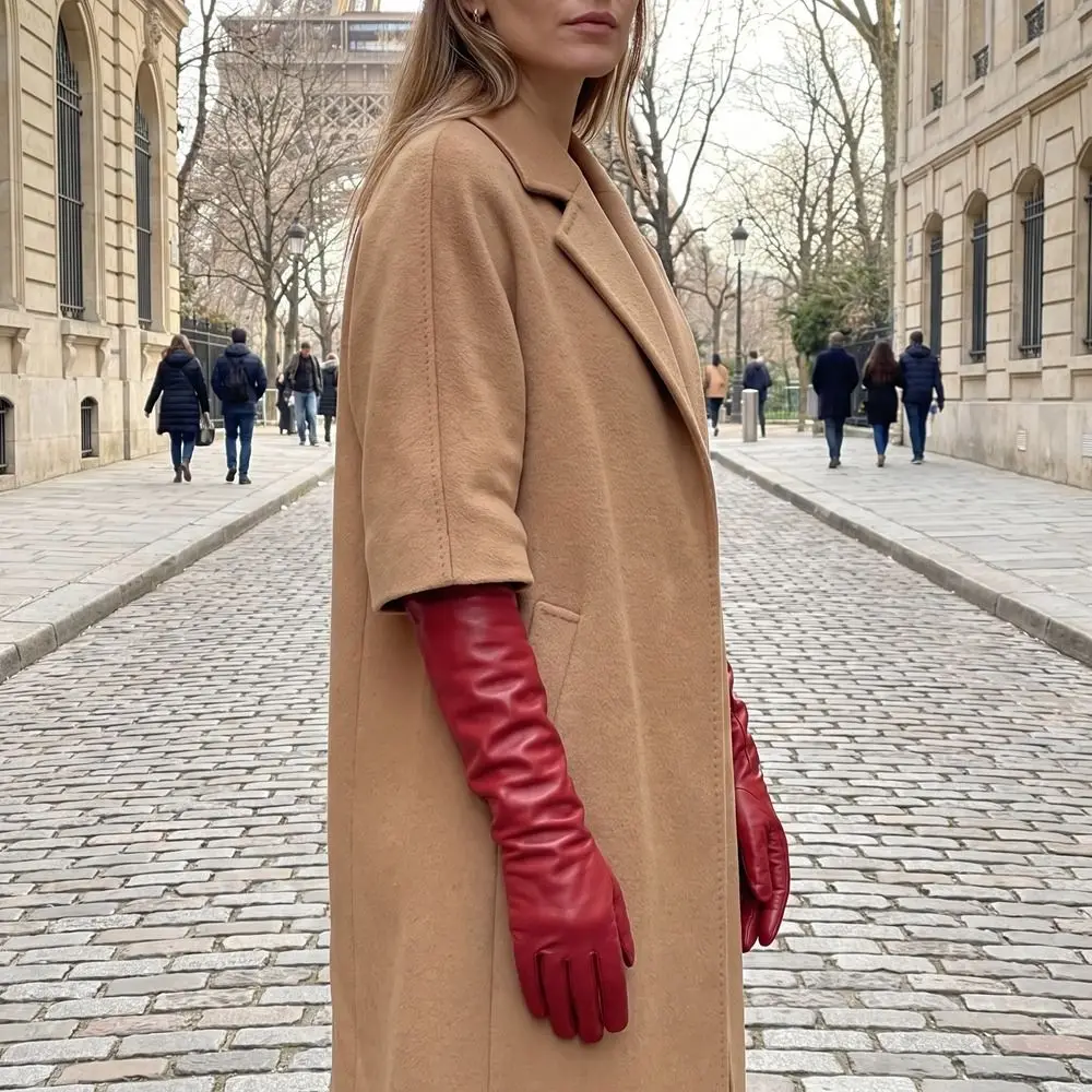 High Quality Solid Color Pu Leather Gloves Full Finger Touch Screen Long Gloves 1920s Elbow Length Touch Screen Mittens Women