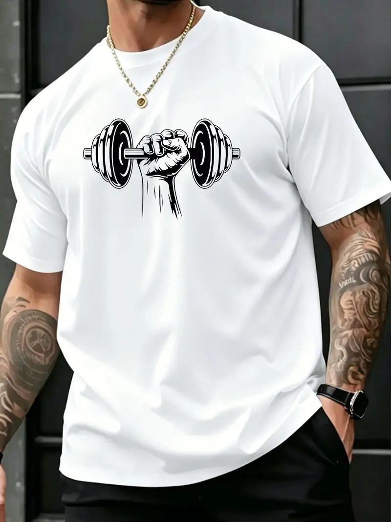 Men's Short Sleeve T-Shirt Black And White Dumbbell Print Breathable Comfortable Fabric Durable And Deformation Resistant for Gym Wear