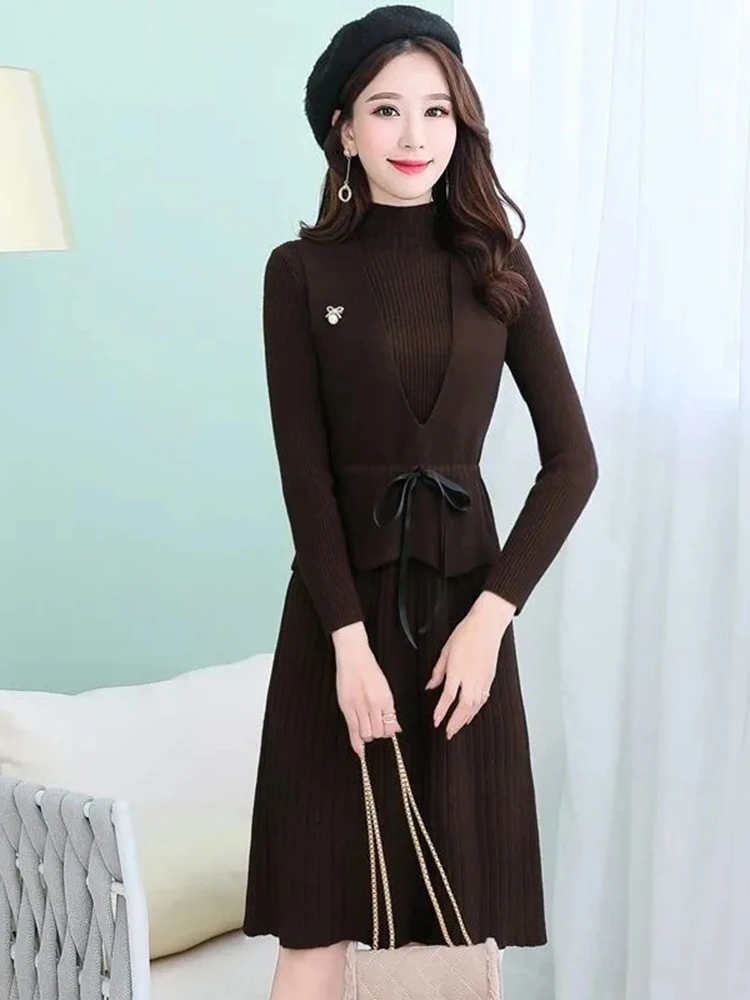 Elegant Office Ladies Knitwear Vest 2 Piece Sets Korean Slim Chic Sleeveless Tops Conjuntos Casual Soft Knit Dresses New 2023