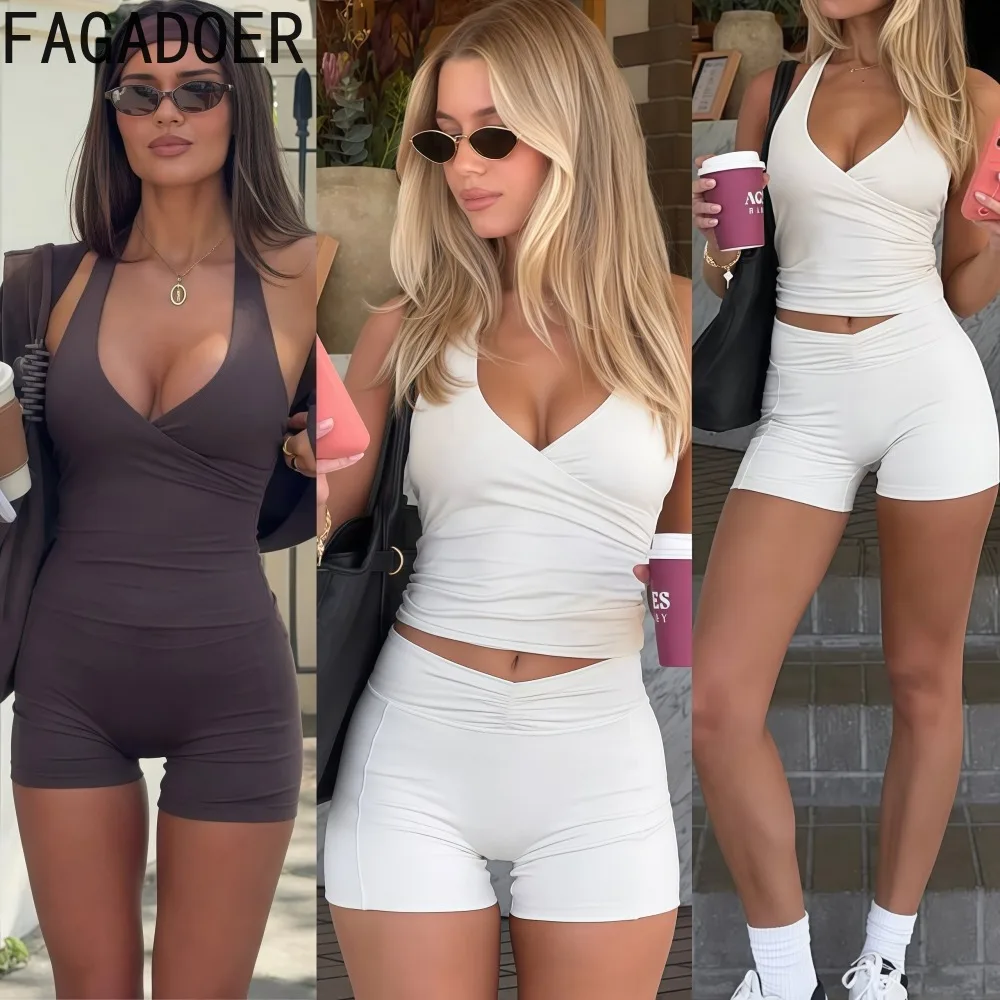 

FAGADOER Casual Ruched Patchwork 2 Piece Sets Woman Outfit Spaghetti Strap Backless Crop Top and Shorts Suit Female Streetwear