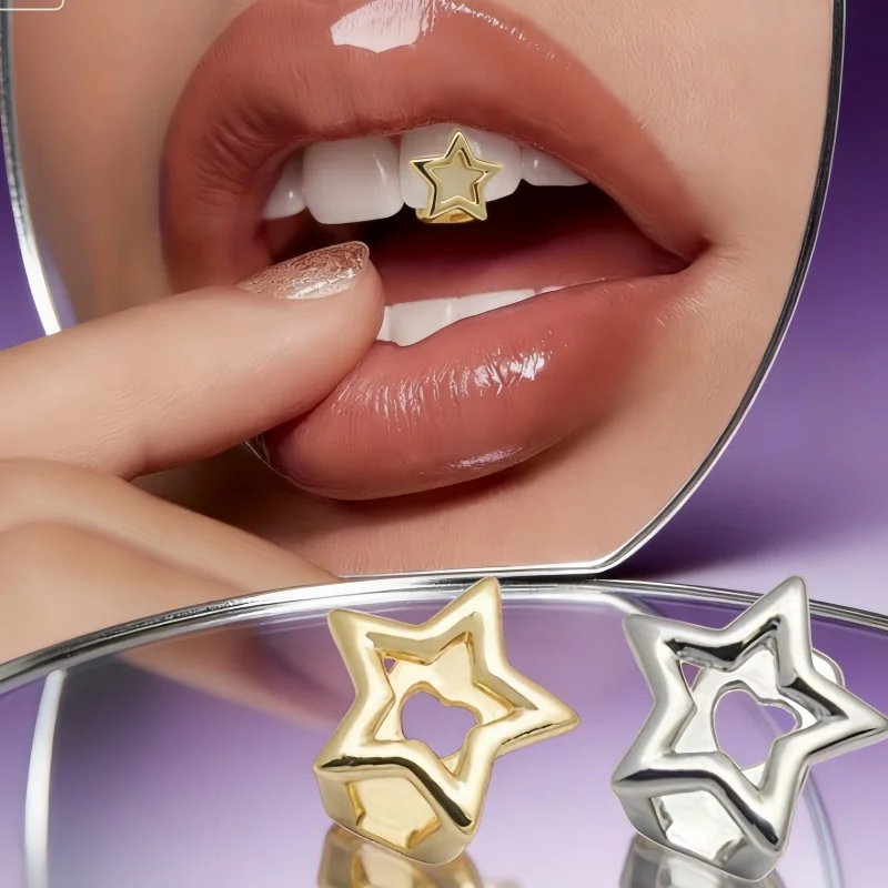 Hollow Star Teeth Grillz Hip Hop Gold Silver Color Pentagrams Tooth Caps For Women Men Jewelry Party Gift