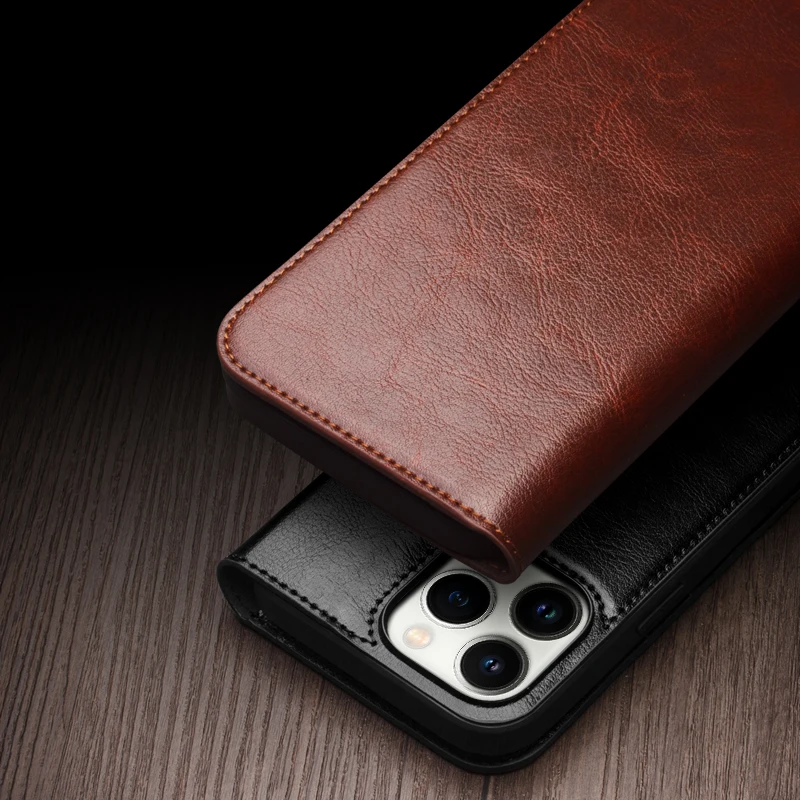 Qialino Brand Genuine Leather Flip Phone Cover Cases For Iphone 14 15 16 13 Pro Max Plus Real Cowhide Case Kickstand Card Pocket