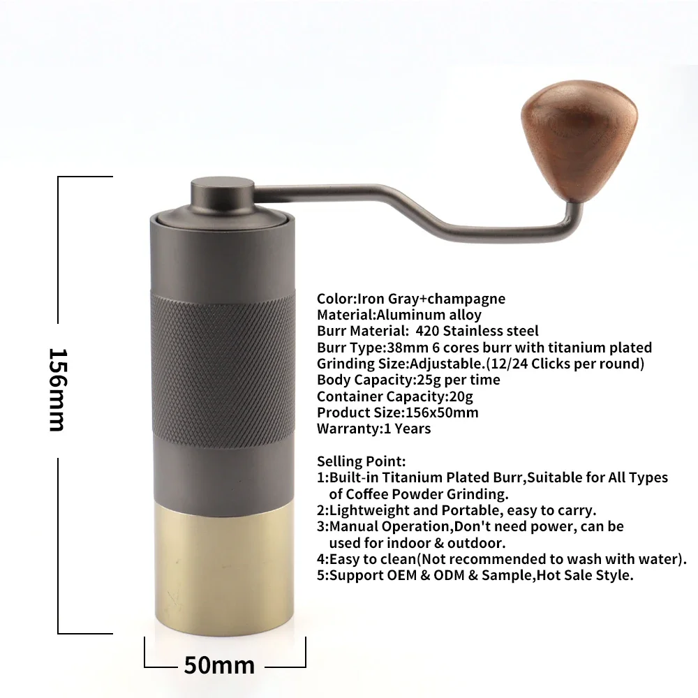 38mm 6 Cores Titanium Burr Barista Coffee Grinder 25g Manual Coffee Grinder Coffee Hand Mill Stainless