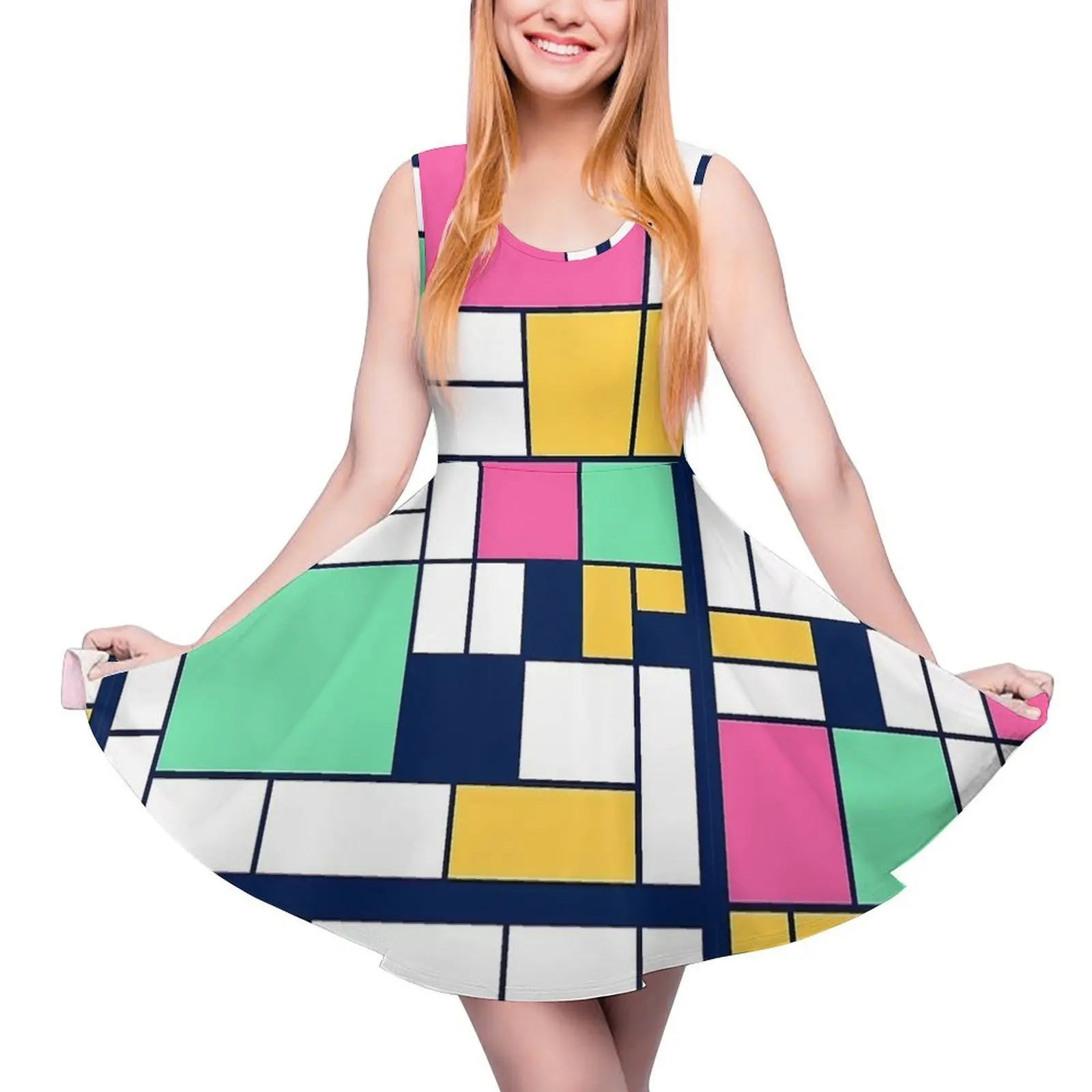 Vestido con estampado Mondrian de Pascua, vestidos informales de cintura alta, vestido de Skate de diseño Sexy de gran tamaño para mujer de verano