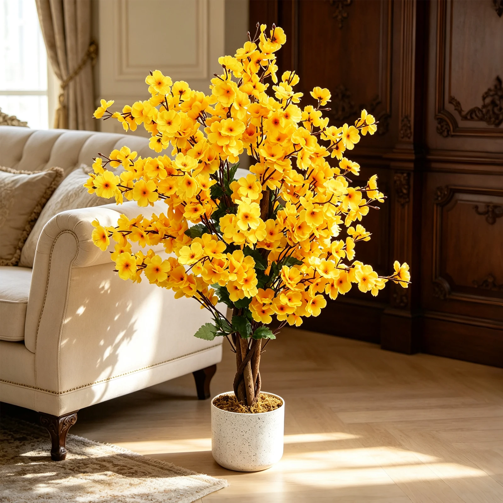 Albero artificiale di pruno invernale alto 90 cm, in vaso nero, pianta decorativa con fiori gialli, ideale per soggiorno, ufficio, camera da letto, patio e per decorare la casa.