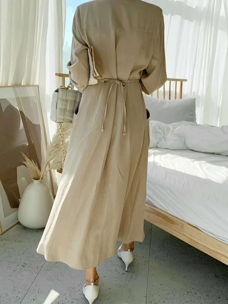 벨트와 케츠가 있는 한국 슬레 시크 순색 실크 드레스 여성용 패셔너블 심플 드레스 봄 가을용