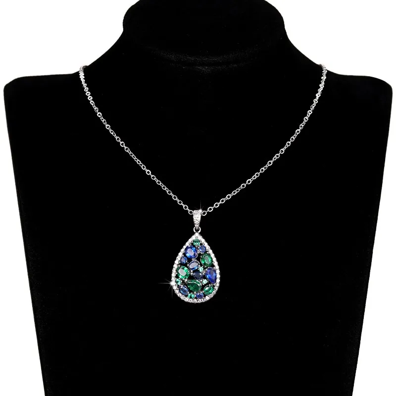Huitan Luxury Geometric Green/Blue Cubic Zirconia Necklace for Women Silver Color Chain New Fashion Women Wedding Trend Jewelry