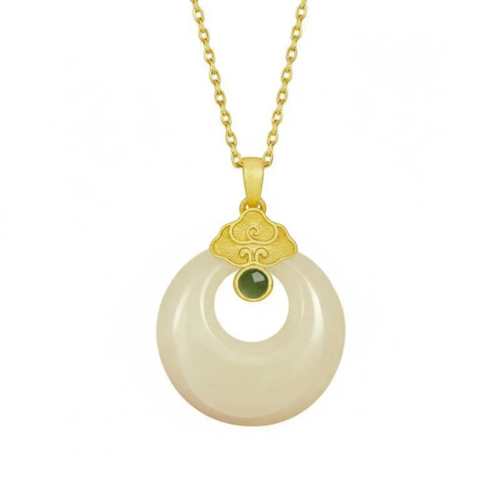 Women's Chinese Style White Jade Pendant Necklace with Gold Copper Chain Adjustable Length Anniversary Gift