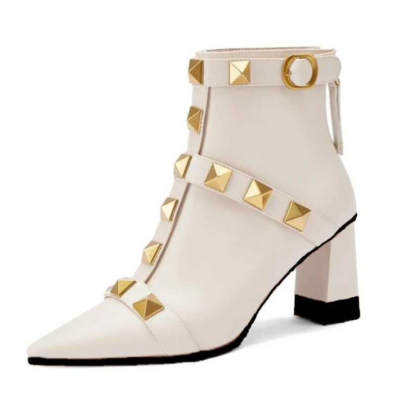 Dilalula Newest Genuine Leather Thick High Heel Rivet Short Boots Autumn Winter Pointed Toe Party Ankle Boots Office Ladies 2025