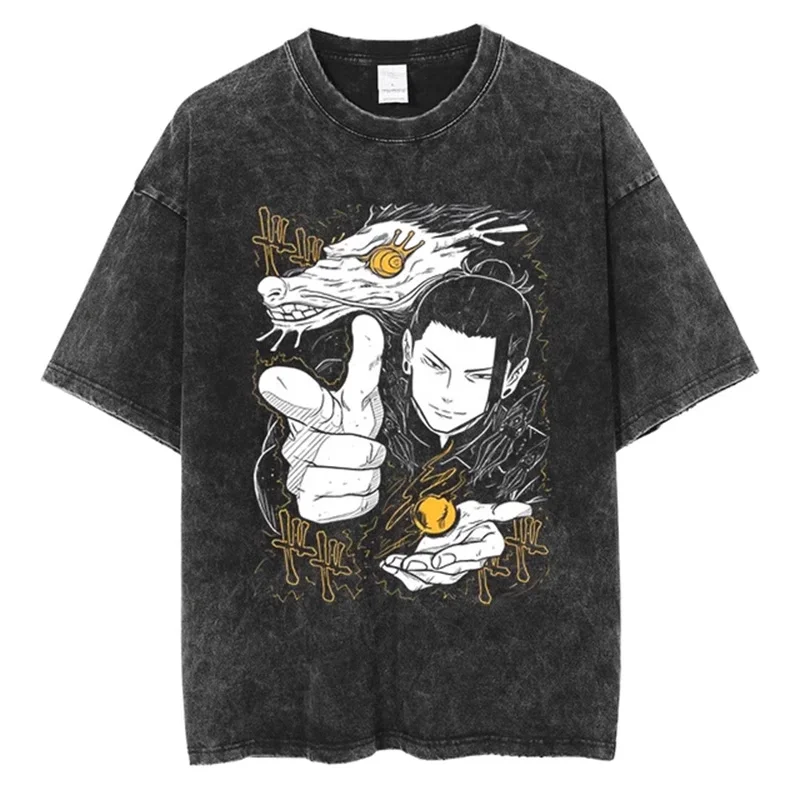 

Jujutsu Kaisen 2026 Summer Vintage Washed Cotton T Shirt Oversized Streetwear Style Showcasing Suguru Geto with A Spectral