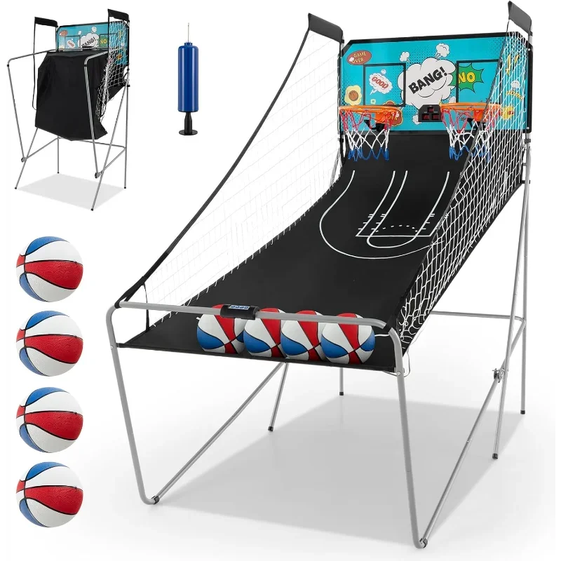 

Складная аркадная игра Goplus с двойным выстрелом, электронное баскетбольное кольцо с ЖК-дисплеем, 8 игровых режимов, 4 мяча